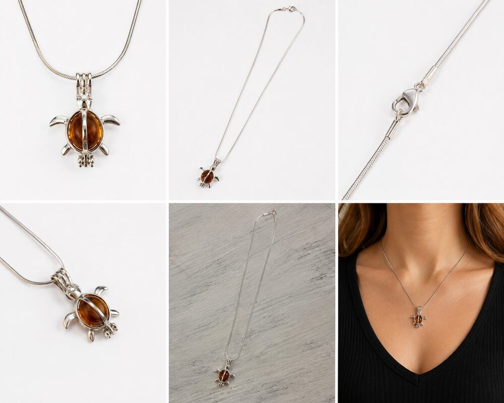 Silver-Tone Sea Turtle Pendant Necklace with Amber-Color Stone